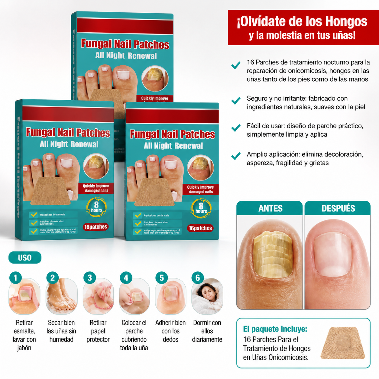 PARCHES ANTIHONGOS PARA UÑAS – PACK 3 CAJAS (48 PARCHES